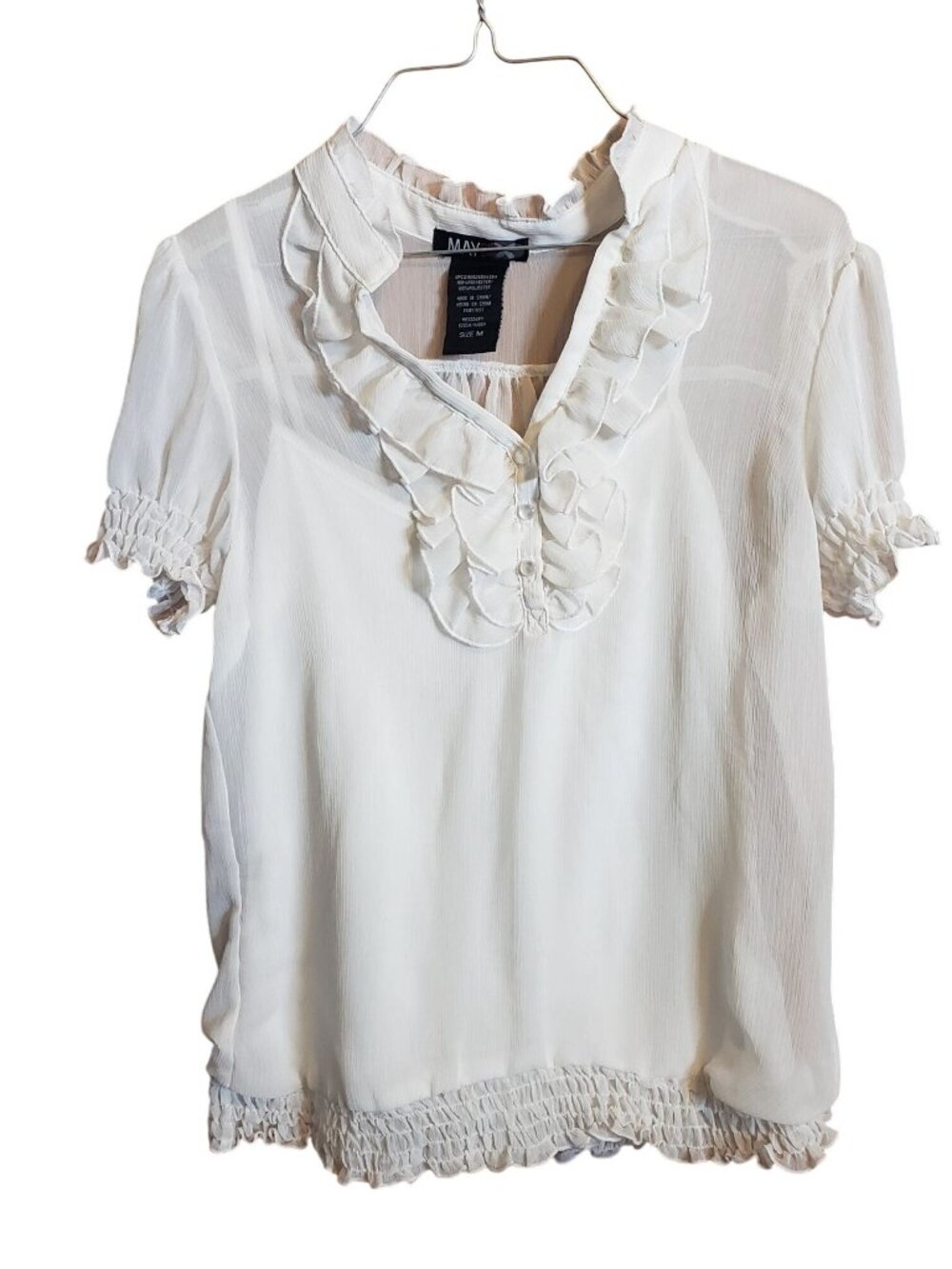 Ruffled Ivory Sheer Blouse With Smocked Hem & Sleeves Womens Medium coquette